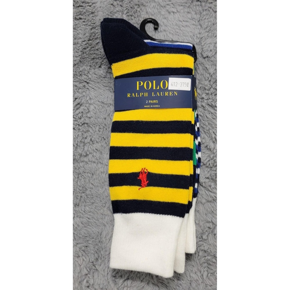 Polo Ralph Lauren Socks Mens 10-13 Multicolor Stripe Pony Crew 2 Pairs Mid Calf